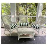 WHITE PAINTED WICKER PATIO SET OF THREE CHAIRS AND SIDE TABLE