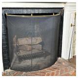 BRASS AND WIRE MESH CURVED FIREPLACE SCREEN AND POKER