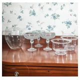 (6pc) GROUP OF SIX PRESSED GLASS SERVING ITEMS INCLUDING TUREEN AND COMPOTES