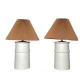 PAIR OF POST-MODERN MATTE WHITE CERAMIC TABLE LAMPS WITH PLEATED SHADES