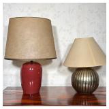 OXBLOOD GLAZED CERAMIC AND RIBBED METAL TABLE LAMPS
