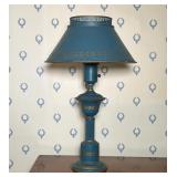 BLUE TOLEWARE TABLE LAMP WITH GILT LAUREL MOTIF