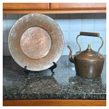 19TH CENTURY COPPER TEA KETTLE AND ENGRAVED PORTRAIT CHARGER