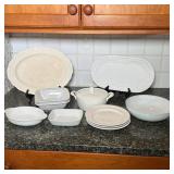 ASSORTED WHITE CERAMIC SERVEWARE INCLUDING MIKASA AND BASKETWEAVE PIECES