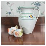ITALIAN STYLE HAND-PAINTED CERAMIC PITCHER AND TURKEY SALT AND PEPPER SHAKERS