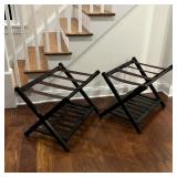 PAIR OF BLACK FINISH FOLDING LUGGAGE RACKS WITH SLATTED SHELVES
