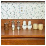ASSORTED SALT AND PEPPER MILLS AND SHAKERS INCLUDING PORCELAIN AND SILVER PLATE
