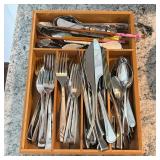 ZWILLING J.A. HENCKELS AND ASSORTED STAINLESS STEEL FLATWARE WITH BAMBOO TRAY