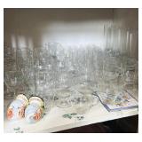 ASSORTED GLASS BARWARE, STEMWARE, AND CERAMIC TURKEY SALT AND PEPPER SHAKERS