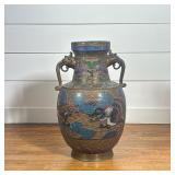 JAPANESE CHAMPLEVÉ ENAMEL BRONZE VASE WITH ELEPHANT HANDLES