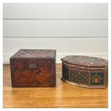 (2pc) TWO FOLK ART WOODEN BOXES, ONE CARVED RELIEF AND ONE PAINTED OCTAGONAL