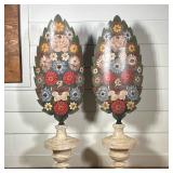 (2pc) PAIR OF HAND-PAINTED TOLEWARE LEAF SCULPTURES ON PEDESTAL BASES