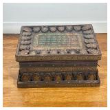 ANGLO-INDIAN CARVED WOOD BOX WITH BRASS AND COPPER OVERLAYS