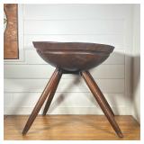 PRIMITIVE HAND-CARVED WOODEN DOUGH BOWL ON TRIPOD STAND