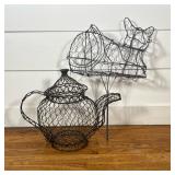WIREWORK DECORATIVE TEAPOT BASKET AND CAT TOPIARY FRAME