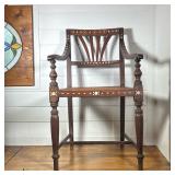ANGLO-INDIAN INLAID WOOD AND CANE ARMCHAIR