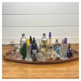 COLLECTION OF ASSORTED VINTAGE DALI & OTHER PERFUME BOTTLES ON CARVED WOODEN TRAY WITH INLAYS