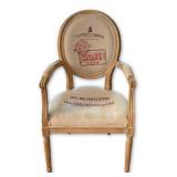 PERMAISURI CO. LTD. FRENCH STYLE MEDALLION BACK ARMCHAIR WITH COFFEE SACK UPHOLSTERY