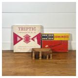 (4pc) COLLECTION OF VINTAGE GAMES INCLUDING TRIPTIC 3-DIMENSIONAL TIC-TAC-TOE, HALSAM DOMINOES, AND 