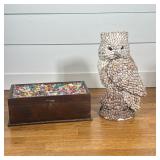 (2pc) SEASHELL ENCRUSTED OWL FIGURINE AND SHELL DECORATED WOODEN JEWELRY BOX
