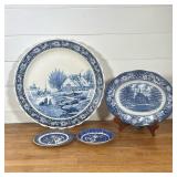 (4pc) WEDGWOOD, JOHNSON BROS & OTHER BLUE AND WHITE TRANSFERWARE CERAMIC PLATTERS / PLATES