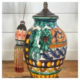 ITALIAN MAIOLICA TIN-GLAZED CERAMIC LAMP WITH LION HEAD RELIEF