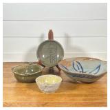(4pc) CONTEMPORARY GREEN GLAZED & OTHER STUDIO POTTERY, SIGNED