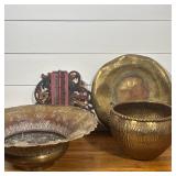 (4pc) ASSORTED BRASS DECORATIVE VESSELS AND POLYCHROME CARVED WOOD WALL ELEMENT