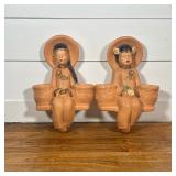 (2pc) PAIR OF MID-CENTURY CERAMIC ASIAN FIGURAL WALL POCKETS