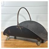 BLACK PAINTED METAL LOG CADDY WITH BRASS CLAW FEET AND COPPER HANDLE