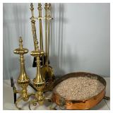 (8pc) BRASS AND COPPER FIREPLACE ANDIRONS, TOOLS, AND BASIN