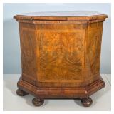 ITALIAN STYLE HEXAGONAL BURL WALNUT STORAGE CHEST WITH BUN FEET