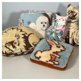 (5pc) COLLECTION OF FIVE ANIMAL THEMED NEEDLEPOINT AND HOOKED PILLOWS