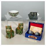 (5pc) GROUP OF CHINESE DECORATIVE OBJECTS AND MARBLE PERPETUAL DESK CALENDAR