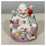 CHINESE FAMILLE ROSE PORCELAIN LAUGHING BUDDHA WITH CHILDREN