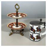 VINTAGE GERMAN CERAMIC AND PEWTER BEER STEIN WITH TWO-TIER PORCELAIN SERVING TRAY