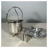 (5pc) LOT OF SILVER-PLATED AND PEWTER KITCHENWARE INCLUDING F.B. ROGERS AND WILTON ARMETALE