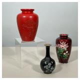 COLLECTION OF THREE ASIAN VASES INCLUDING JAPANESE CLOISONNE AND CINNABAR STYLE