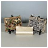 (3pc) GROUP OF THREE VINTAGE PICTORIAL AND FLORAL TAPESTRY HANDBAGS WITH DYEABLES SATIN CLUTCH