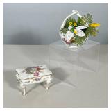 (2pc) LIMOGES PORCELAIN FOOTED TRINKET BOX AND BASKET WITH BEADED FLOWERS