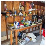 ASSORTED POWER AND HAND TOOLS WITH WOODEN WORKBENCH