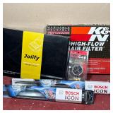 (5pc) GROUP OF AUTOMOTIVE ACCESSORIES INCLUDING K&N AIR FILTER AND BOSCH WIPER BLADES
