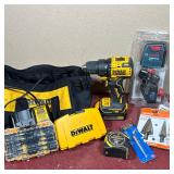 DEWALT 20V MAX BRUSHLESS DRILL, BOSCH CROSS-LINE LASER, AND ASSORTED TOOLS