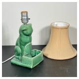 MID-CENTURY MODERN GREEN GLAZED CERAMIC CAT PLANTER LAMP WITH SHADE