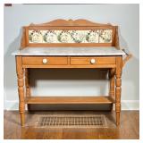 VICTORIAN STYLE PINE WASHSTAND WITH MARBLE TOP AND TILED BACKSPLASH