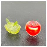 MURANO STYLE RED GLASS APPLE PAPERWEIGHT AND VASELINE GLASS HEN ON NEST SALT CELLAR
