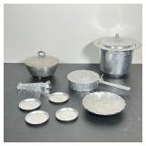 (9pc) JUST ANDERSON PEWTER BOWL AND ASSORTED MID-CENTURY HAMMERED ALUMINUM TABLEWARE