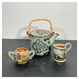 VINTAGE OTAGIRI STONEWARE TEA POT AND MEXICAN TLAQUEPAQUE SUGAR AND CREAMER SET