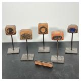 (5pc) FIVE VINTAGE TEXTILE PRINTING BLOCKS ON METAL STANDS