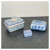 (3pc) THREE POLISH POTTERY AND DELFT STYLE CERAMIC TRINKET BOXES
